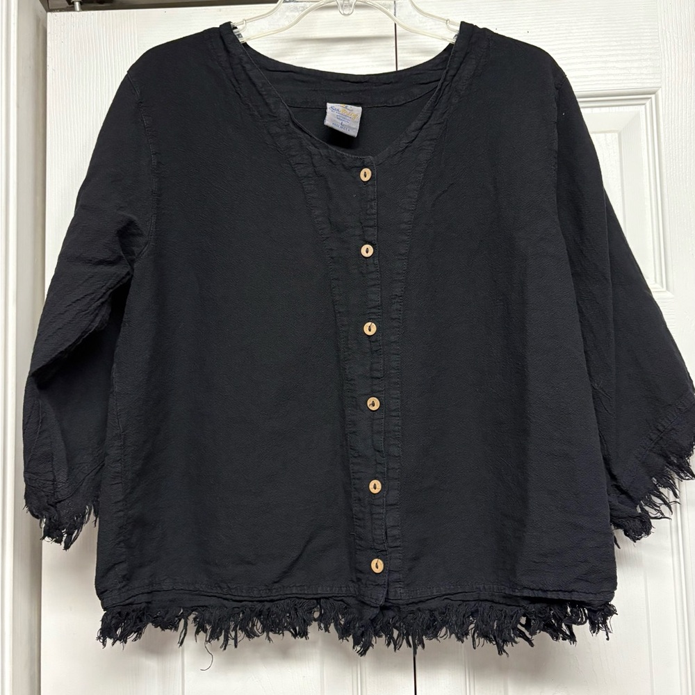 Black Button-Up Frayed Hem Top